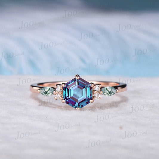 June Birthstone Wedding Ring 10K/14K/18K Rose Gold 1ct Hexagon Alexandrite Engagement Ring Moss Agate Green Gemstone Ring Anniversary Ring