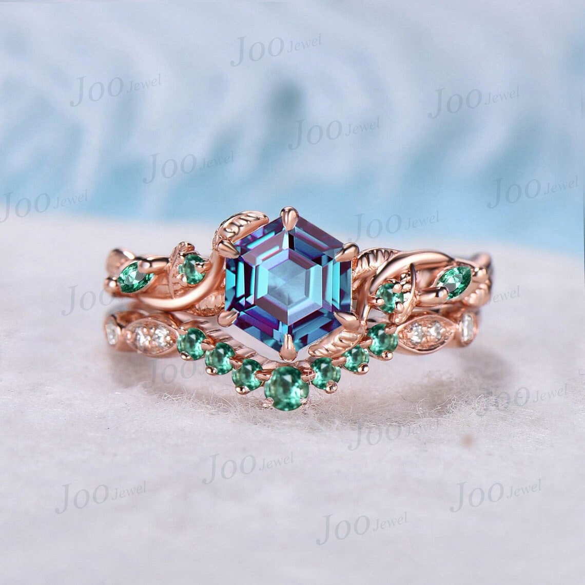 Unique Nature Inspired Alternative Alexandrite Engagement Ring Set 1ct Vine Branch Leaf Hexagon Alexandrite Ring Green Emerald Wedding Ring