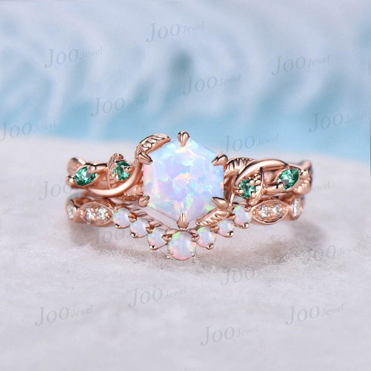 Nature Inspired Twig Opal Ring Set 10K Rose Gold Hexagon Opal Branch Engagement Ring Emerald Wedding Ring October Birthstone Birthday Gifts
