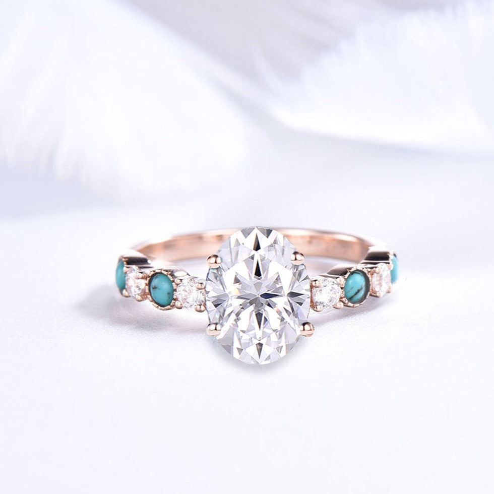 1.5ct Unique Oval Moissanite Half Eternity Engagement Ring Vintage Round Bezel Turquoise Moissanite Art Deco Bridal Ring Anniversary Gift