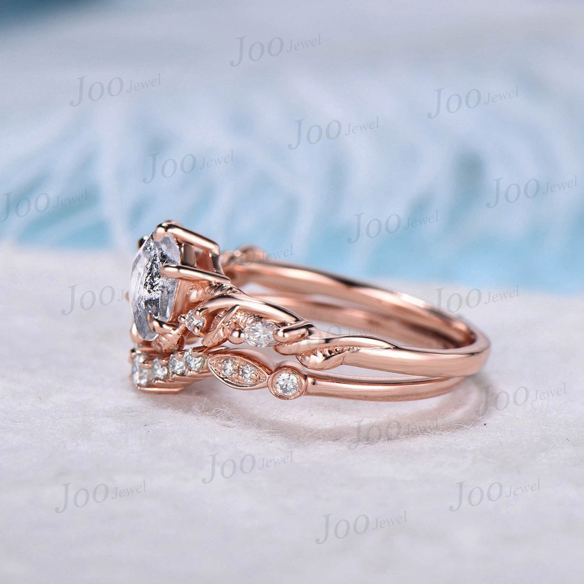 Nature Inspired Natural Herkimer Diamond Engagement Ring Set 10K Rose Gold 1ct Hexagon Herkimer Diamond Moissanite Twig Vine Leaf Bridal Set