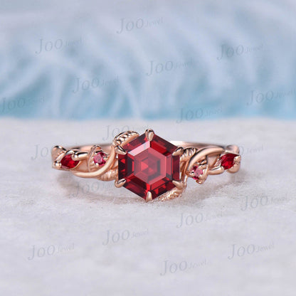 Nature Inspired Twist Ruby Ring Set Rose Gold 1ct Hexagon Branch Red Ruby Engagement Ring July Birthstone Bridal Set Unique Anniversary Gift