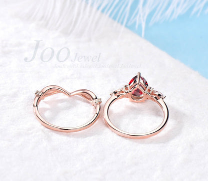 July Birthstone Bridal Set Vintage 10K Rose Gold 1.25CT Pear Shape Red Ruby Engagement Ring Set Moissanite Vine Band Unique Anniversary Gift