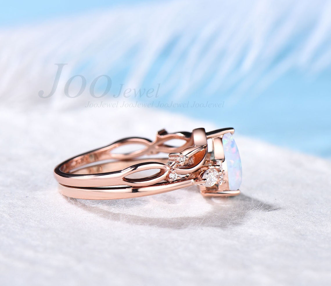 October Birthstone Bridal Set Vintage 10K Rose Gold 1.25CT Pear Shaped White Opal Engagement Ring Set Moissanite Vine Band Anniversary Gift