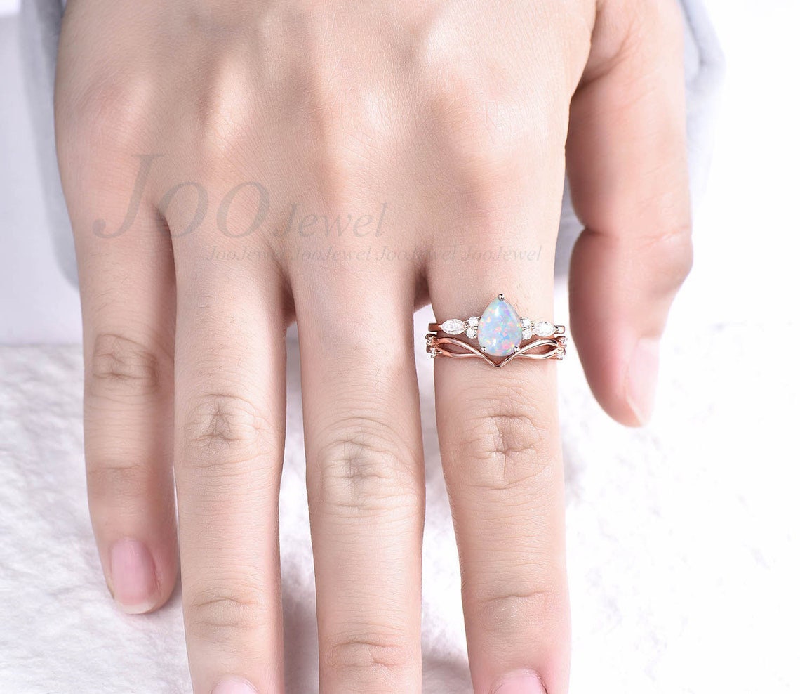 October Birthstone Bridal Set Vintage 10K Rose Gold 1.25CT Pear Shaped White Opal Engagement Ring Set Moissanite Vine Band Anniversary Gift