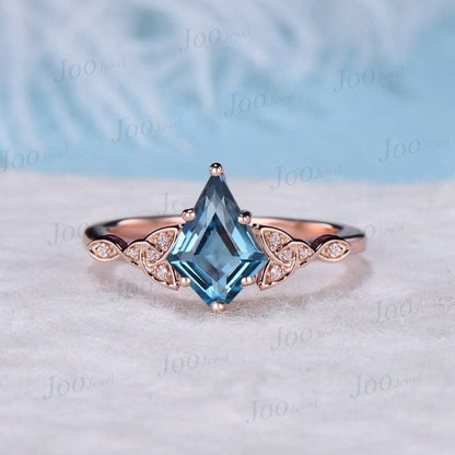Natural London Blue Topaz Ring Vintage 10K Rose Gold Kite Shaped Blue Gemstone Ring Celtic Engagement Ring December Birthstone Gift Women