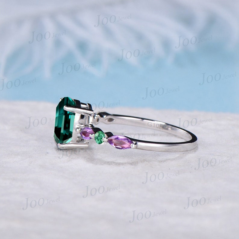 2ct Oval Green Emerald Ring Sterling Silver Half Eternity Band Purple Amethyst Ring Emerald Engagement Ring May Birthstone Anniversary Gifts