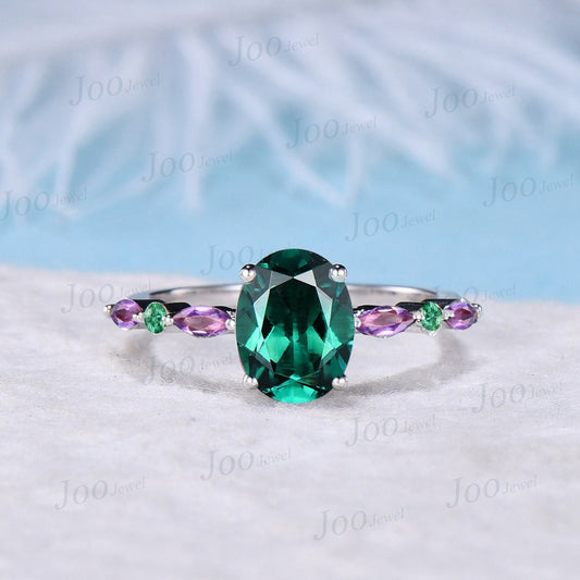 2ct Oval Green Emerald Ring Sterling Silver Half Eternity Band Purple Amethyst Ring Emerald Engagement Ring May Birthstone Anniversary Gifts