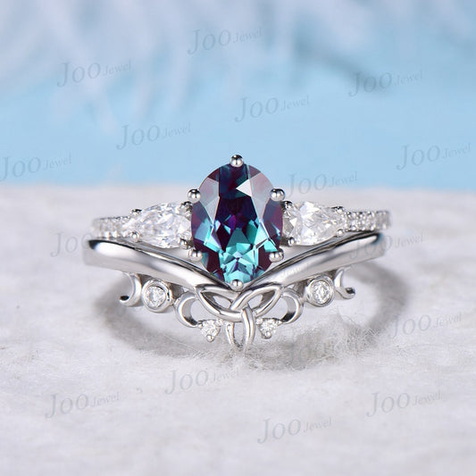 Oval Alexandrite Engagement Ring For Women Vintage 2pcs Alexandrite Moissanite White Gold Art Deco Ring Set Unique Anniversary Gift For Her