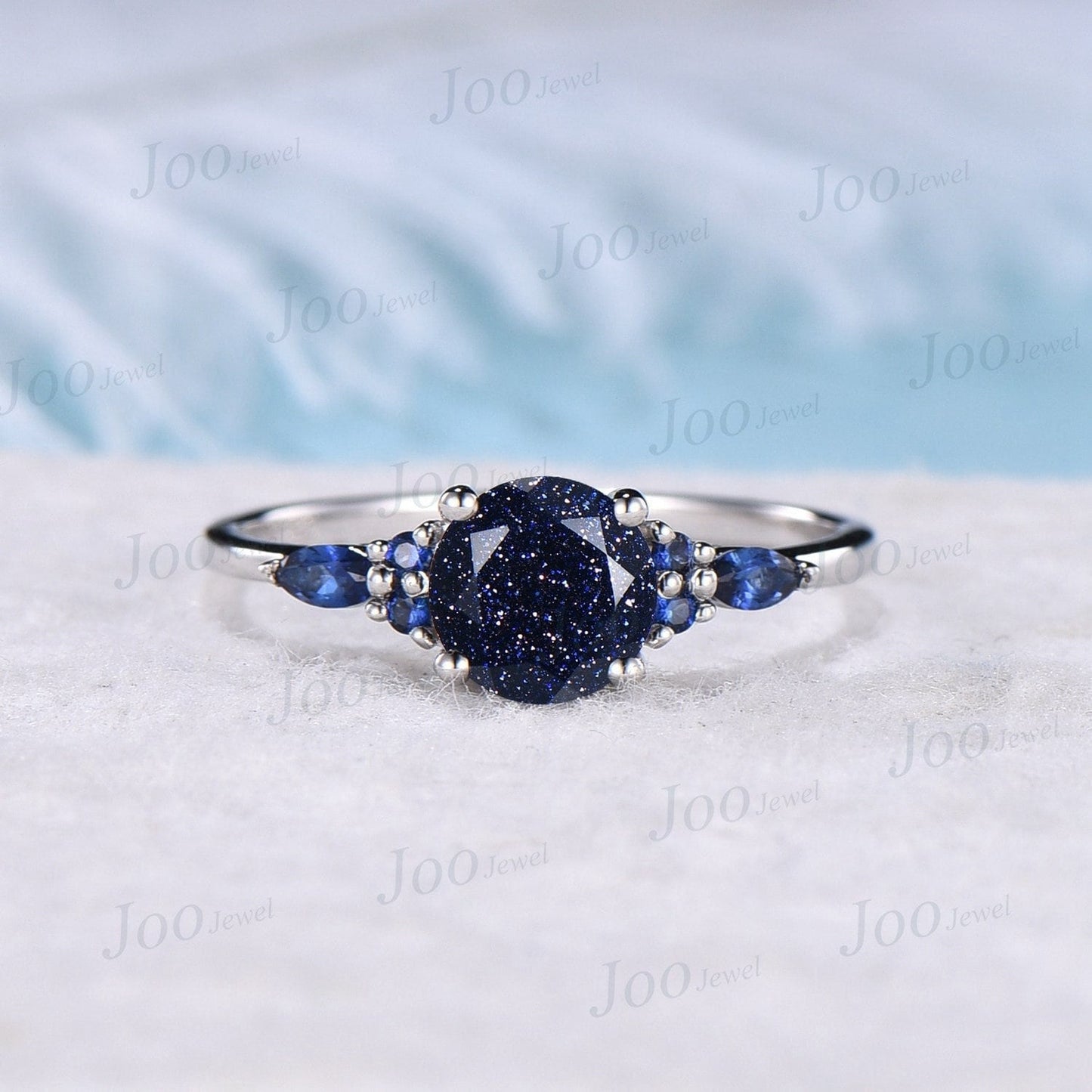 7mm Round Cut Galaxy Blue Sandstone Ring 10K Rose Gold Blue Gemstone Jewelry Vintage Blue Sapphire Wedding Ring Unique Birthday Gift for Her