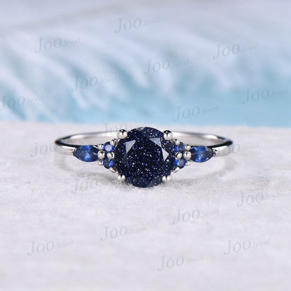 7mm Round Cut Galaxy Blue Sandstone Ring 10K Rose Gold Blue Gemstone Jewelry Vintage Blue Sapphire Wedding Ring Unique Birthday Gift for Her