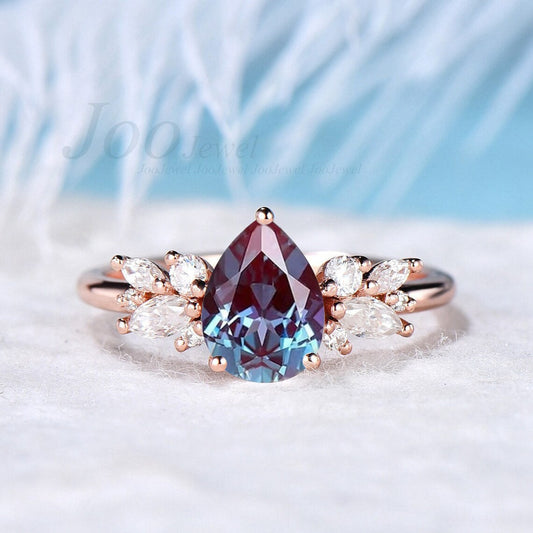 Pear Shaped Alexandrite Engagement Ring 1.25ct Alexandrite Wedding Ring June Birthstone Cluster Alexandrite Ring Anniversary Gift for Women