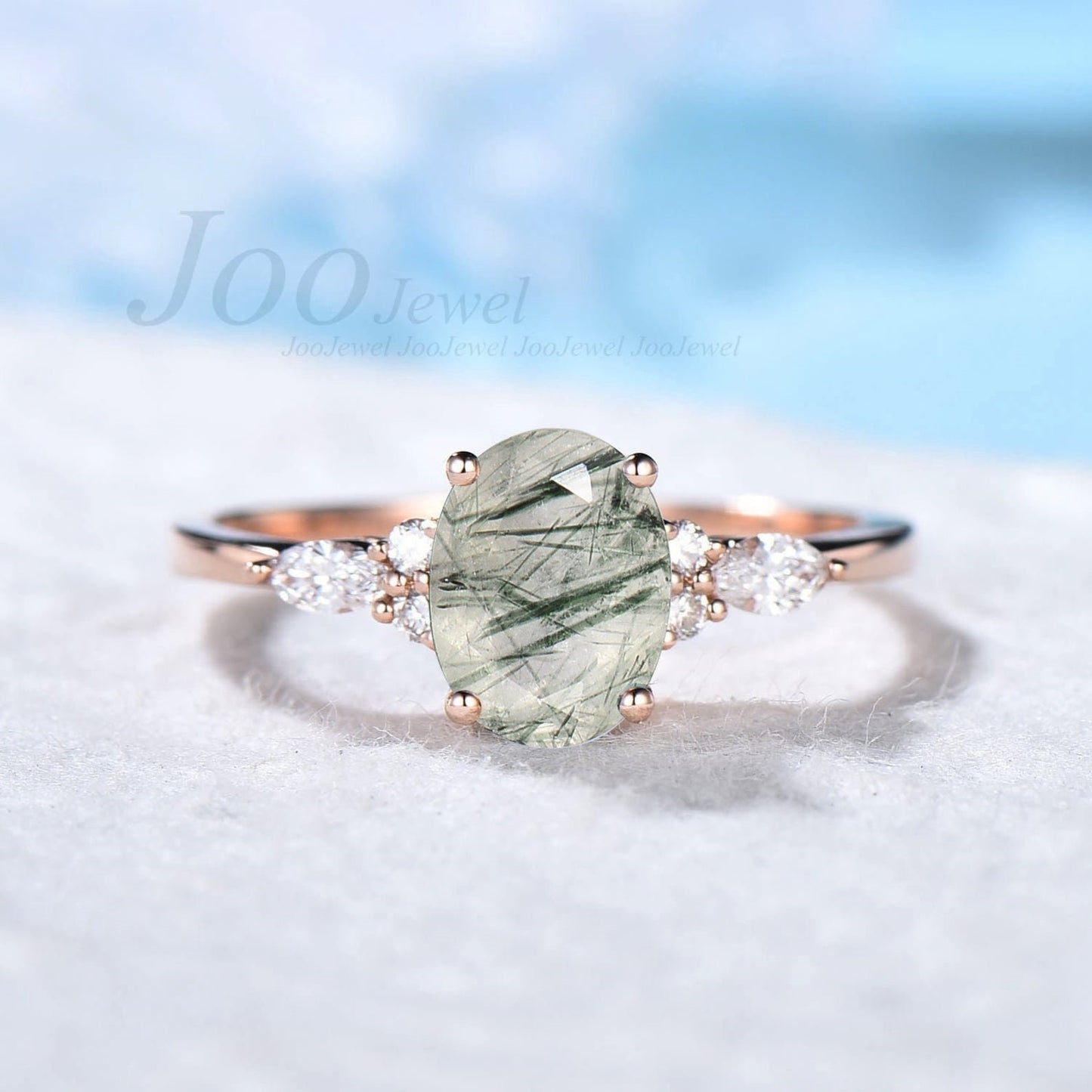 Natural Green Rutile Quartz Ring Sterling Silver Oval Engagement Ring Green Quartz Crystal Ring Heal Energy Gem Ring Jewelry Gift For Women