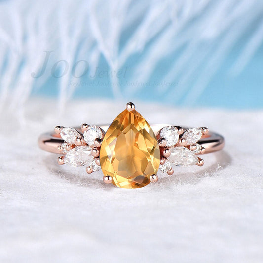 Natural Citrine Ring 1.25ct Pear Shaped Citrine Wedding Ring Sterling Silver Cluster Crystal Engagement Ring November Birthstone Jewelry