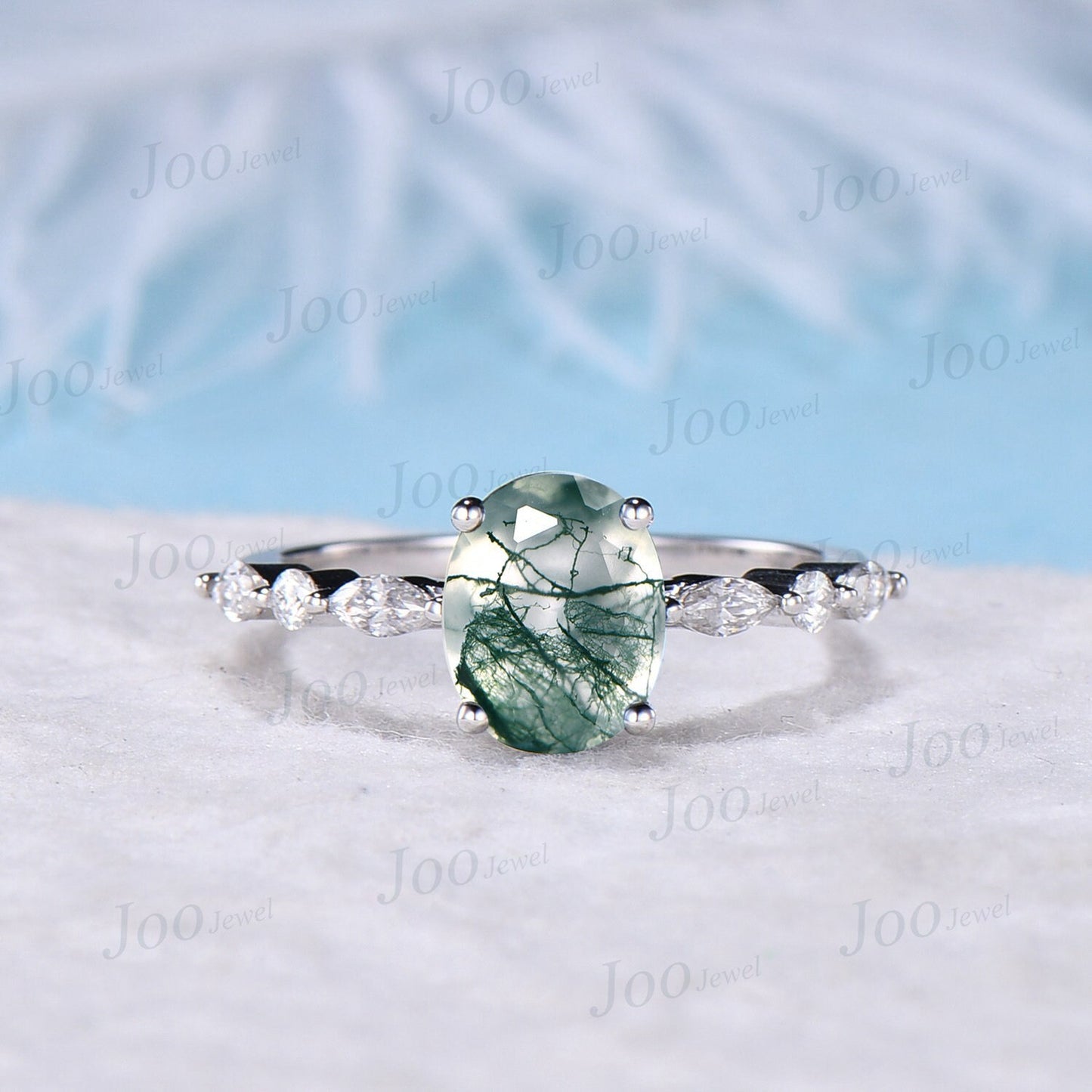 Half Eternity Moss Agate Engagement Ring 10K White Gold 2ct Oval Green Gemstone Ring Marquise Round Moissanite Wedding Ring Dainty Jewelry
