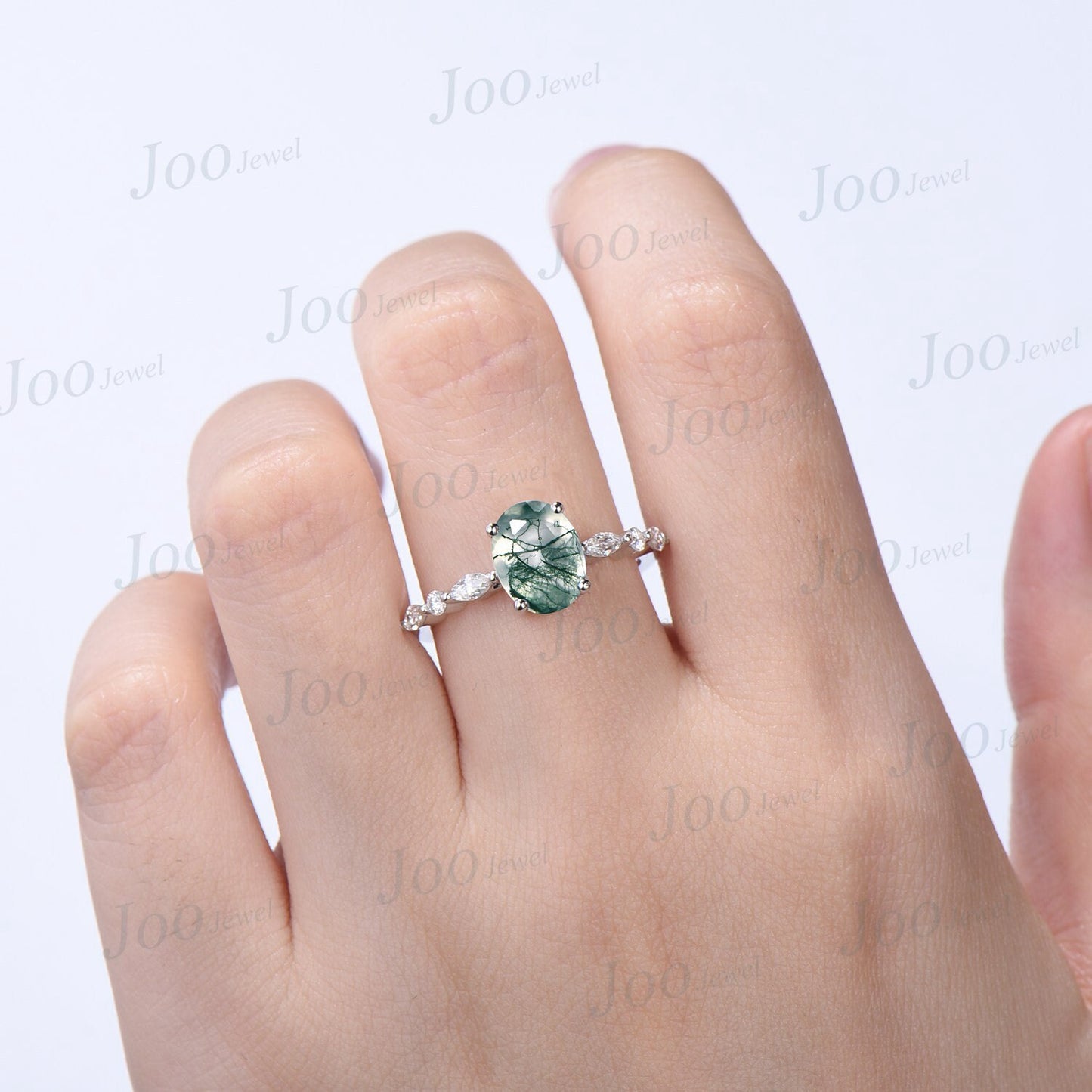Half Eternity Moss Agate Engagement Ring 10K White Gold 2ct Oval Green Gemstone Ring Marquise Round Moissanite Wedding Ring Dainty Jewelry