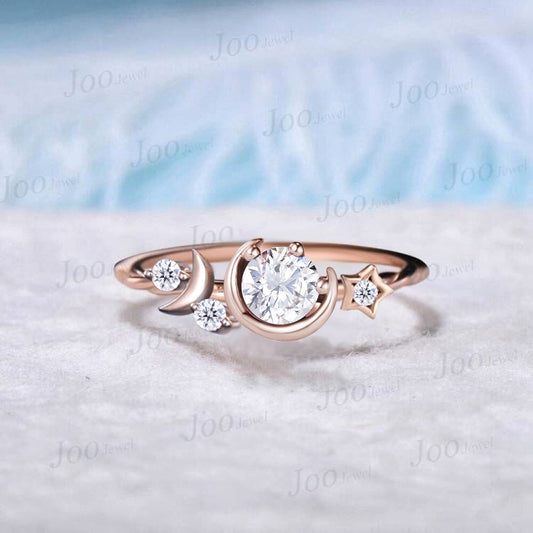 Round Cut Moissanite Engagement Ring 10K Rose Gold Moon Star Wedding Ring Cluster Celestial Moissanite Ring Unique Asymmetrical Promise Ring