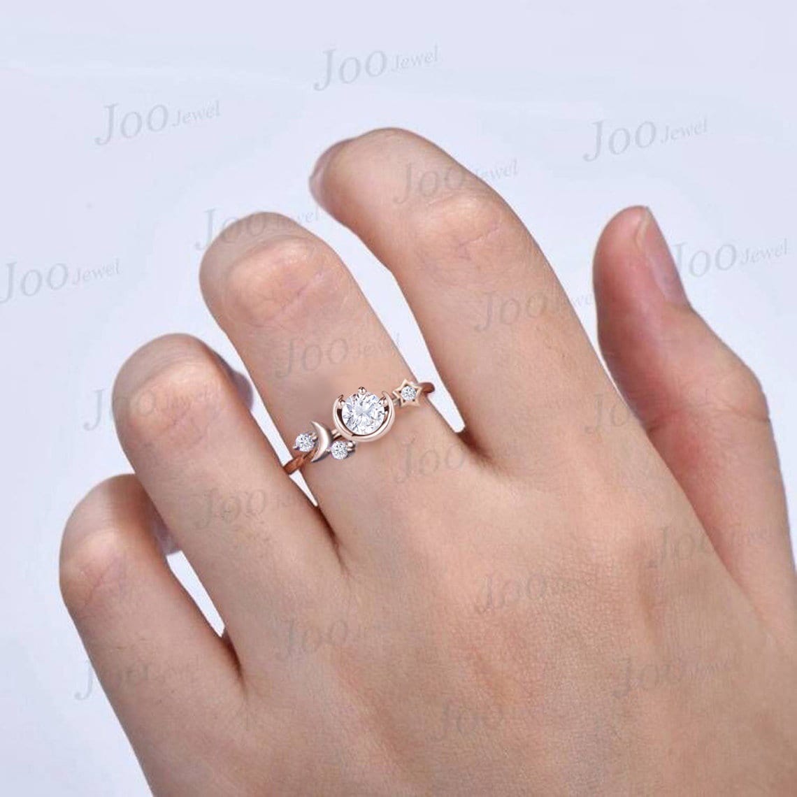 Round Cut Moissanite Engagement Ring 10K Rose Gold Moon Star Wedding Ring Cluster Celestial Moissanite Ring Unique Asymmetrical Promise Ring