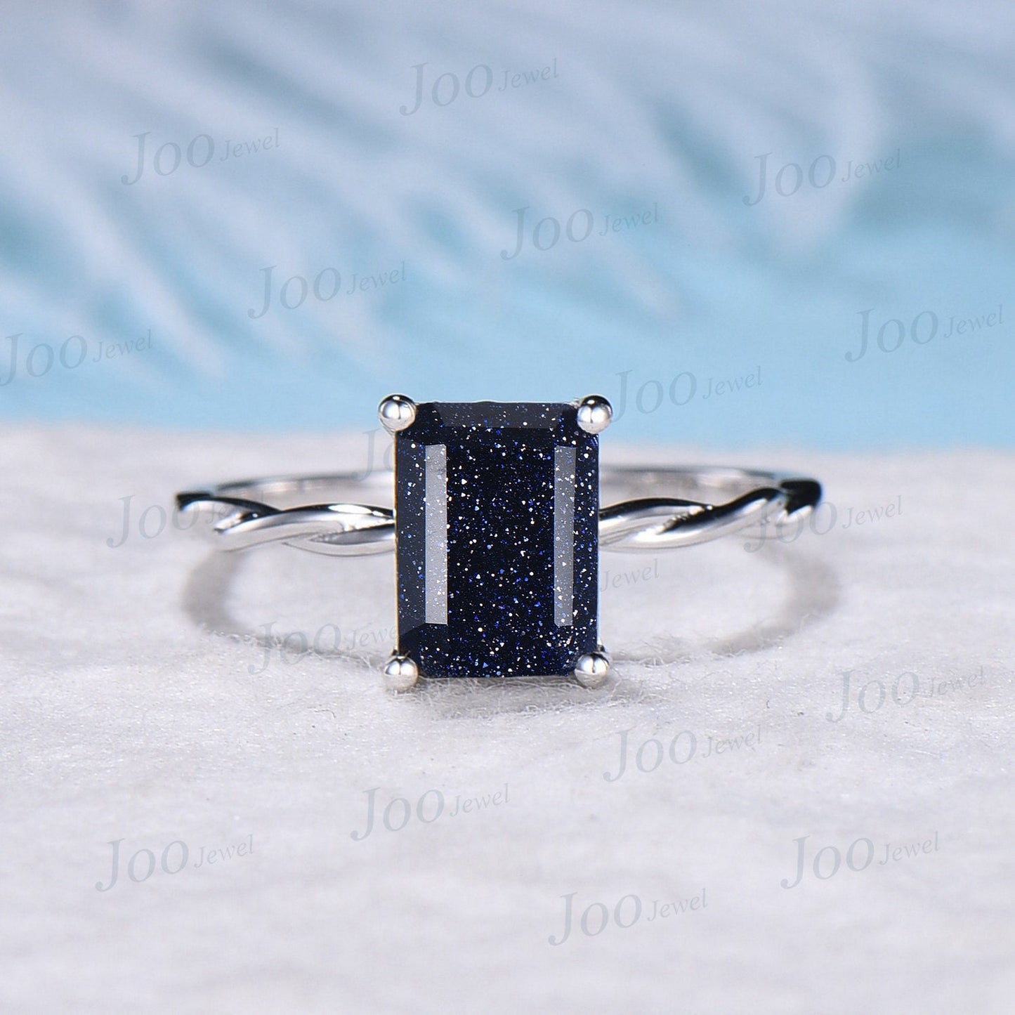 Emerald Cut Starry Sky Blue Sandstone Solitaire Wedding Ring Rose Gold Twisted Band Ring Simple Promise Anniversary Ring Blue Gemstone Ring
