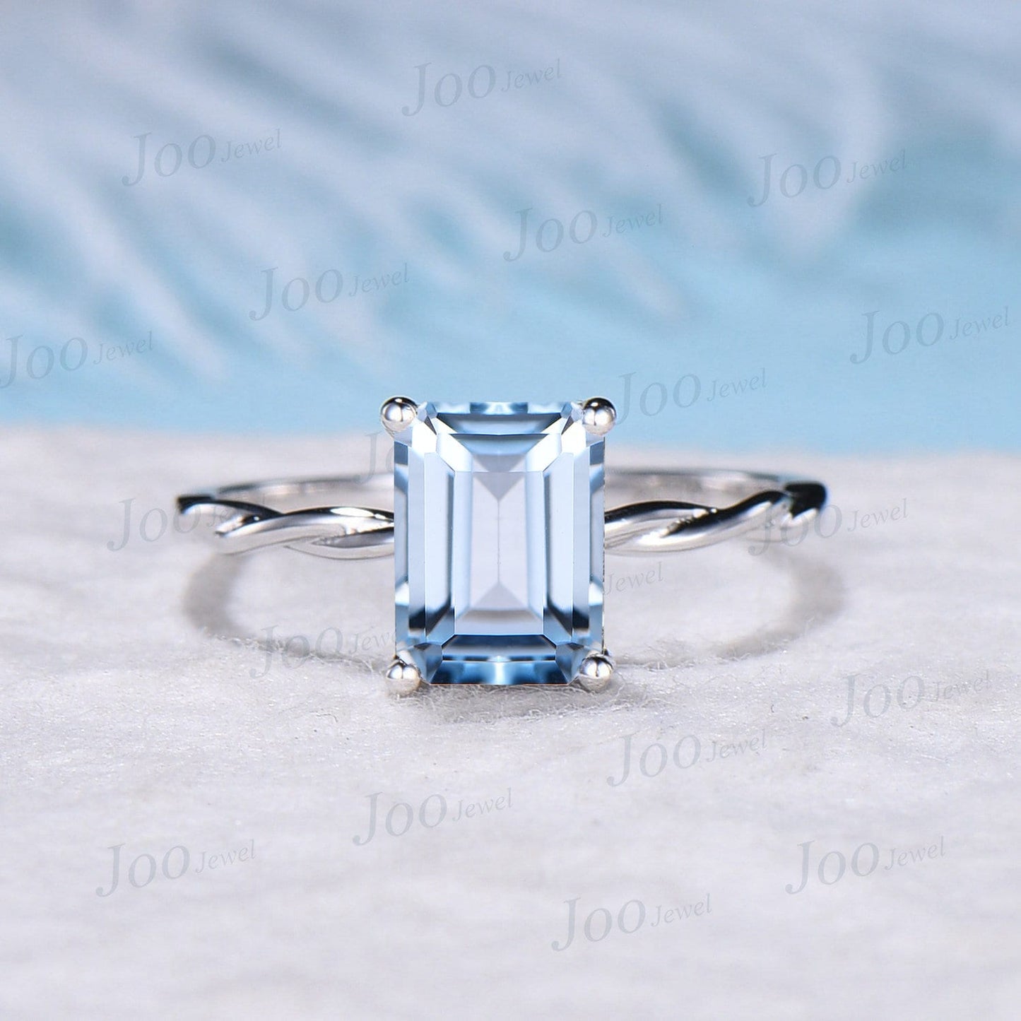 2ct Emerald Cut 10K Rose Gold Blue Aquamarine Solitaire Ring March Birthstone Wedding Ring Twist Band Ring Unique Anniversary/Promise Ring