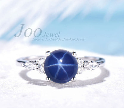 7mm Round Cut Star Sapphire Engagement Ring Sterling Silver Cabochon Blue Star Wedding Ring Blue Gemstone Jewelry Unique Promise Gift Women