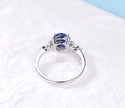 7mm Round Cut Star Sapphire Engagement Ring Sterling Silver Cabochon Blue Star Wedding Ring Blue Gemstone Jewelry Unique Promise Gift Women