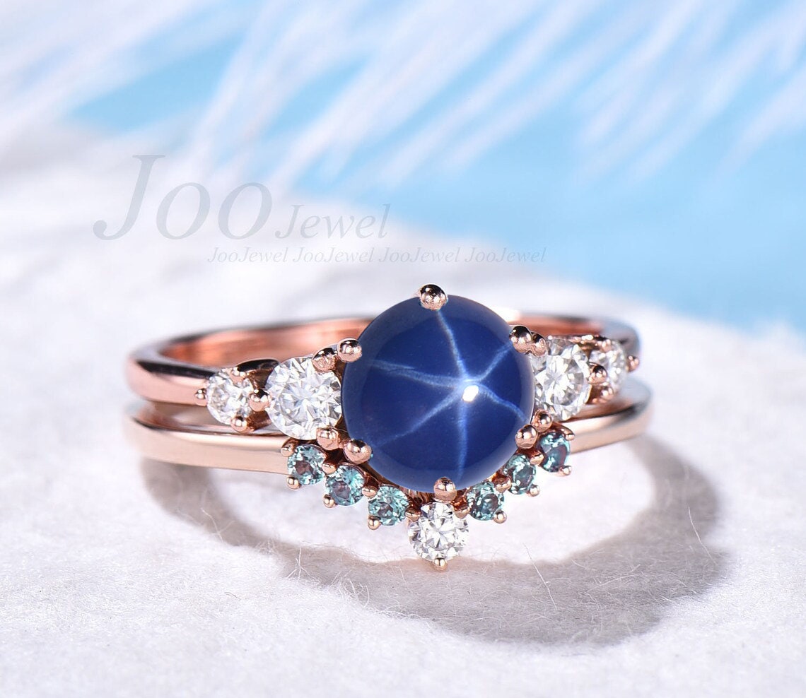 Unique Starry Sky Blue Star Sapphire Engagement Ring Set Alexandrite Wedding Band Moissanite Star Blue Bridal Set Sapphire Cabochon Ring