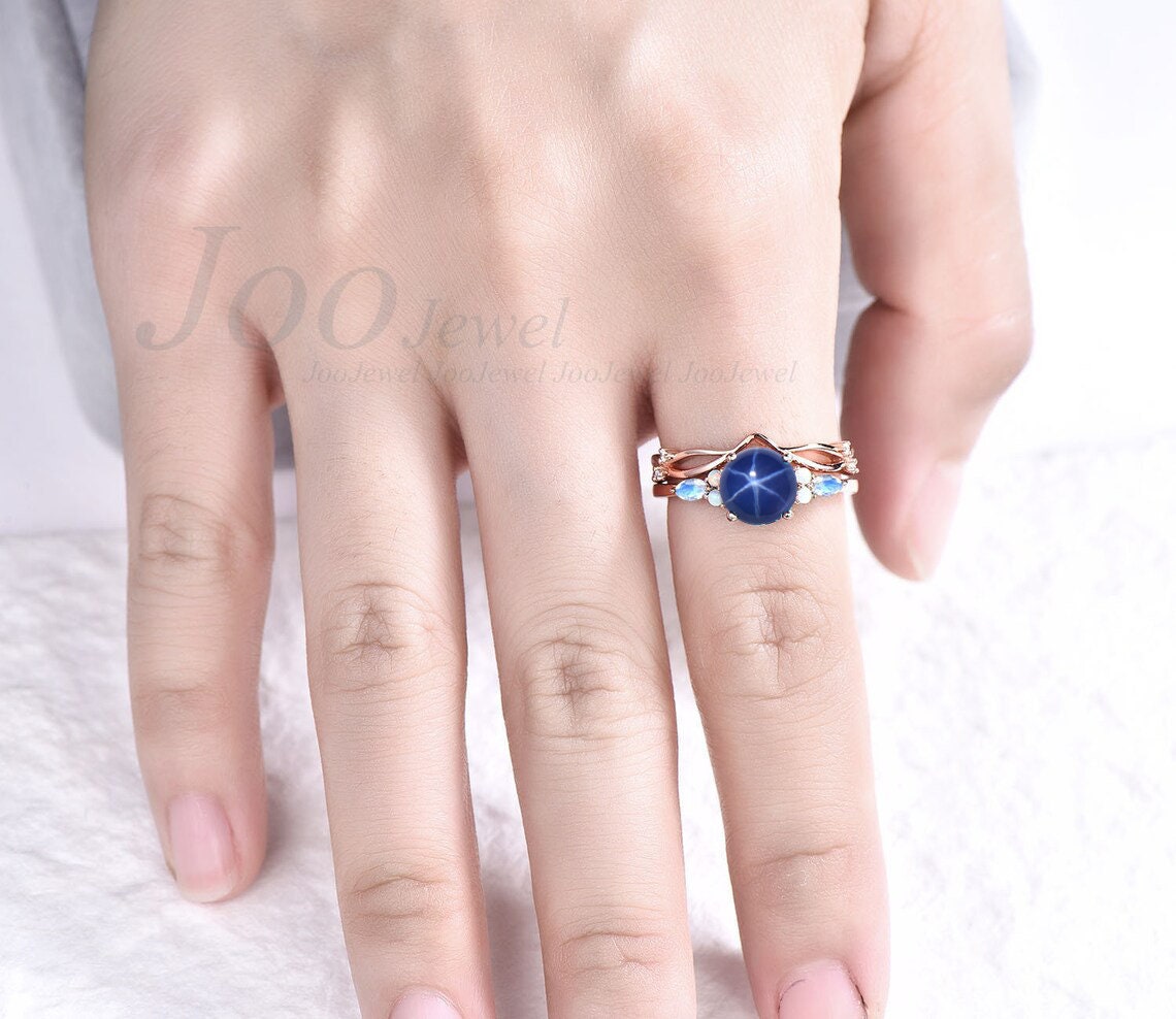 7mm Round Starry Sky Blue Star Sapphire Engagement Ring Moonstone Opal Wedding Ring Cabochon Lindy Star Bridal Set Elvish Vine Promise Band