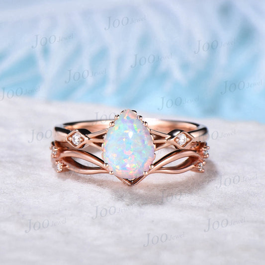 1.25ct Opal Engagement Ring Set Vintage Rose Gold Pear Shaped Opal Wedding Ring Unique October Birthstone Twig Vine Band Anniversary Gifts