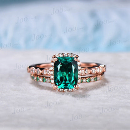 2pcs Emerald Cut Green Emerald Ring Set Halo Engagement Ring Set Half Eternity Band Moissanite Personalized Promise Ring Anniversary Gifts