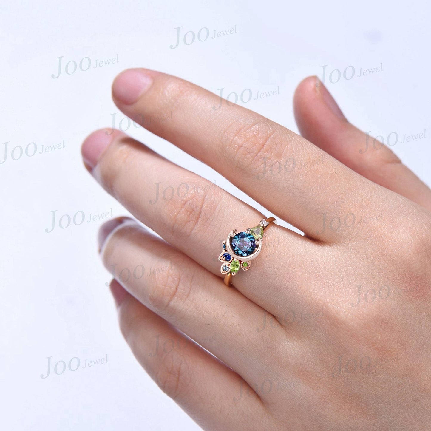 Unique Round Alexandrite Ring Moon Wedding Ring Celestial Engagement Rings Custom Multi-Birthstone Cluster Peridot Blue Sapphire Family Ring