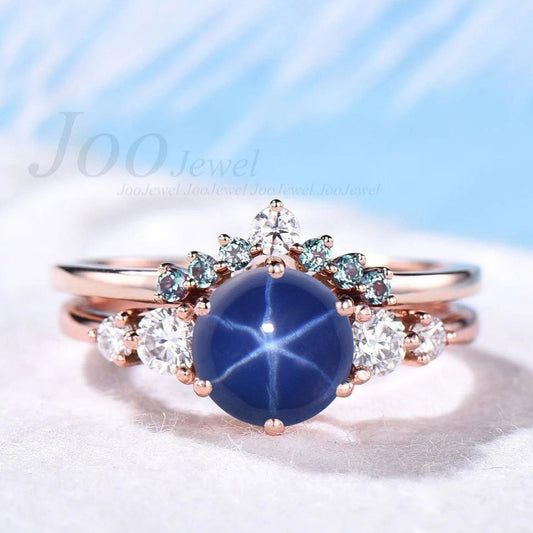 Unique Starry Sky Blue Star Sapphire Engagement Ring Set Alexandrite Wedding Band Moissanite Star Blue Bridal Set Sapphire Cabochon Ring