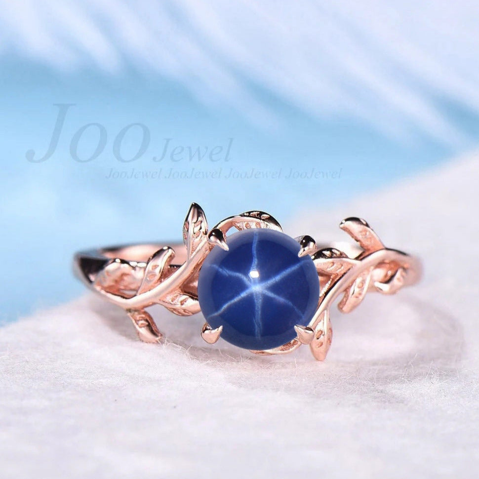 Nature Inspired Starry Sky Star Sapphire Engagement Ring Round Cut Silver Leaf Blue Star Wedding Ring Personalized Unique Promise Gift Women