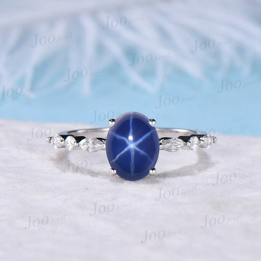 Half Eternity Star Sapphire Engagement Ring 10K White Gold 1.5ct Oval Star Blue Ring Marquise Round Moissanite Wedding Ring Dainty Jewelry