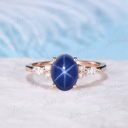 Oval Cut Star Sapphire Engagement Ring Sterling Silver 1.5ct Unique Blue Sapphire Cabochon Wedding Ring Blue Gemstone Jewelry Promise Gift