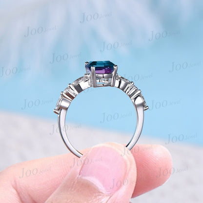 2ct Oval Cut Alexandrite and Moonstone Engagement Ring 10K White Gold Half Eternity Band Opal Alexandrite Wedding Ring Unique Platinum Rings