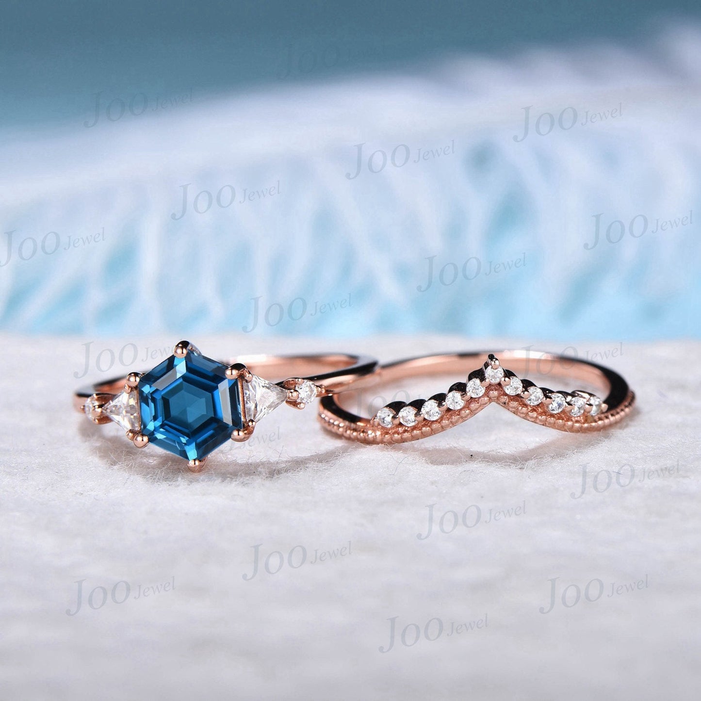 Hexagon Cut London Blue Topaz Engagement Ring Set 10K Rose Gold 1ct Blue Topaz Wedding Ring Set December Birthstone Moissanite Promise Ring