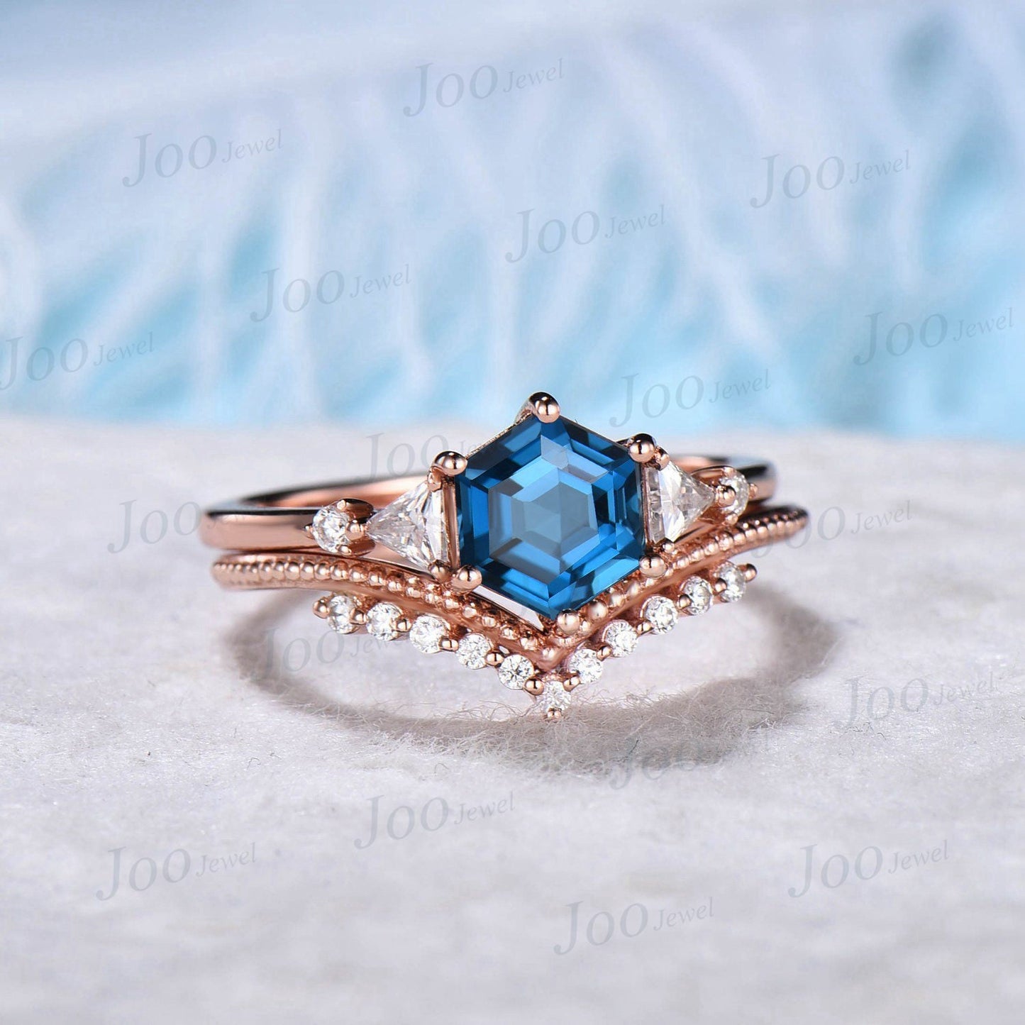 Hexagon Cut London Blue Topaz Engagement Ring Set 10K Rose Gold 1ct Blue Topaz Wedding Ring Set December Birthstone Moissanite Promise Ring
