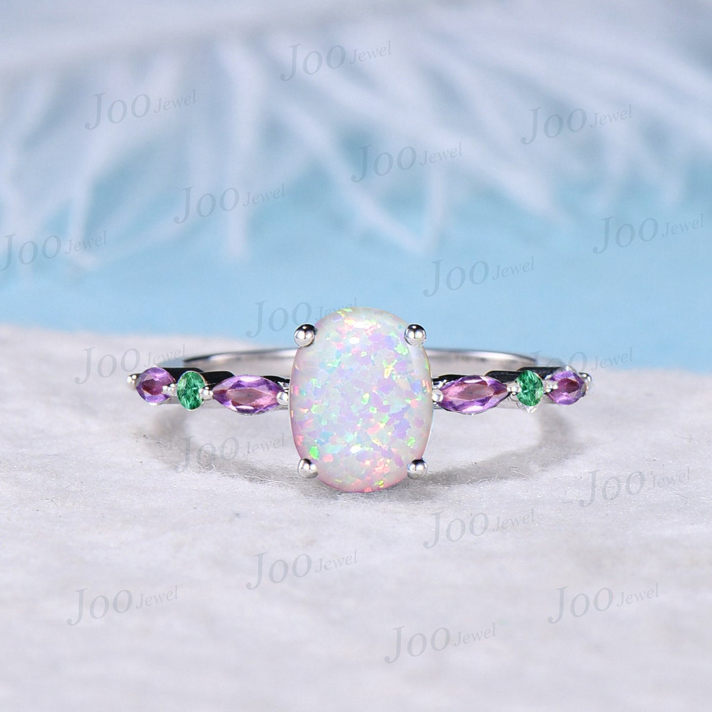 2ct Oval White Opal Engagement Ring Half Eternity Band Opal and Emerald Amethyst Wedding Ring Unique Anniversary Birthday Gift Platinum Ring