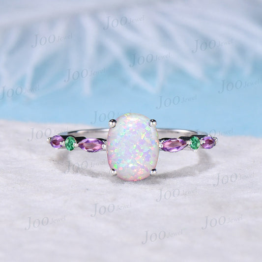 2ct Oval White Opal Engagement Ring Half Eternity Band Opal and Emerald Amethyst Wedding Ring Unique Anniversary Birthday Gift Platinum Ring