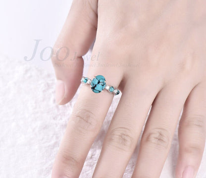 1.5ct Oval Natural Turquoise Engagement Ring Half Eternity Moissanite Cluster Turquoise Stacking Ring 10K Rose Gold Turquoise Wedding Ring