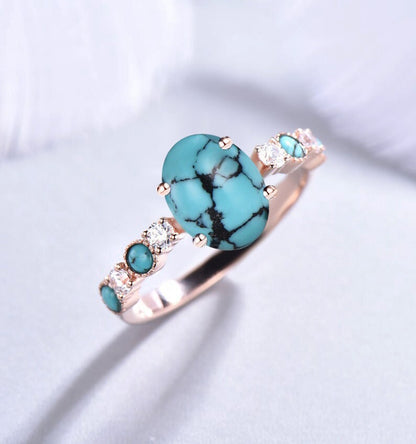 1.5ct Oval Natural Turquoise Engagement Ring Half Eternity Moissanite Cluster Turquoise Stacking Ring 10K Rose Gold Turquoise Wedding Ring