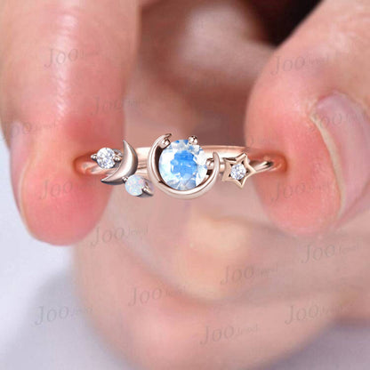 Unique Round Blue Moonstone Engagement Ring 10K Rose Gold Moon Bridal Ring Moon Star Moissanite Opal Wedding Ring Art Deco Asymmetrical Ring
