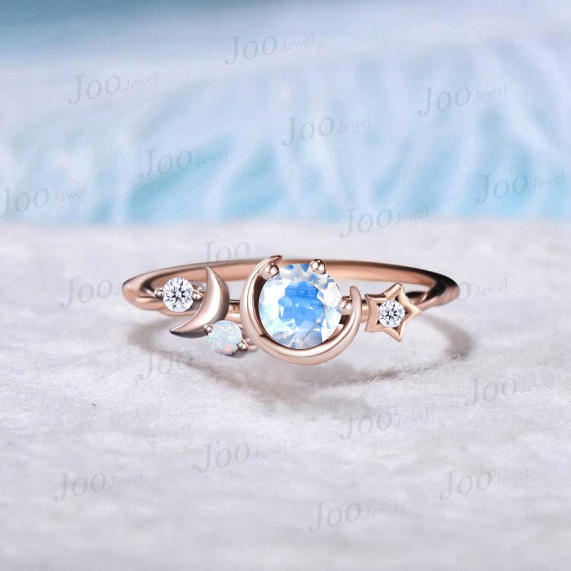 Unique Round Blue Moonstone Engagement Ring 10K Rose Gold Moon Bridal Ring Moon Star Moissanite Opal Wedding Ring Art Deco Asymmetrical Ring