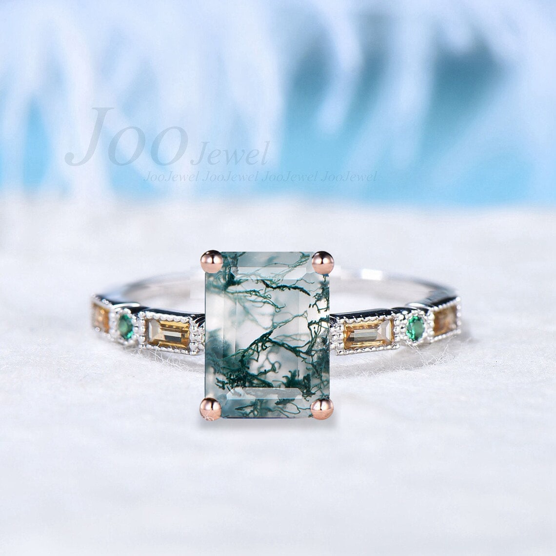 2ct Green Moss Agate Ring Emerald Cut Moss Engagement Ring Emerald Citrine Half Eternity Wedding Band Unique Promise Ring Anniversary Gifts