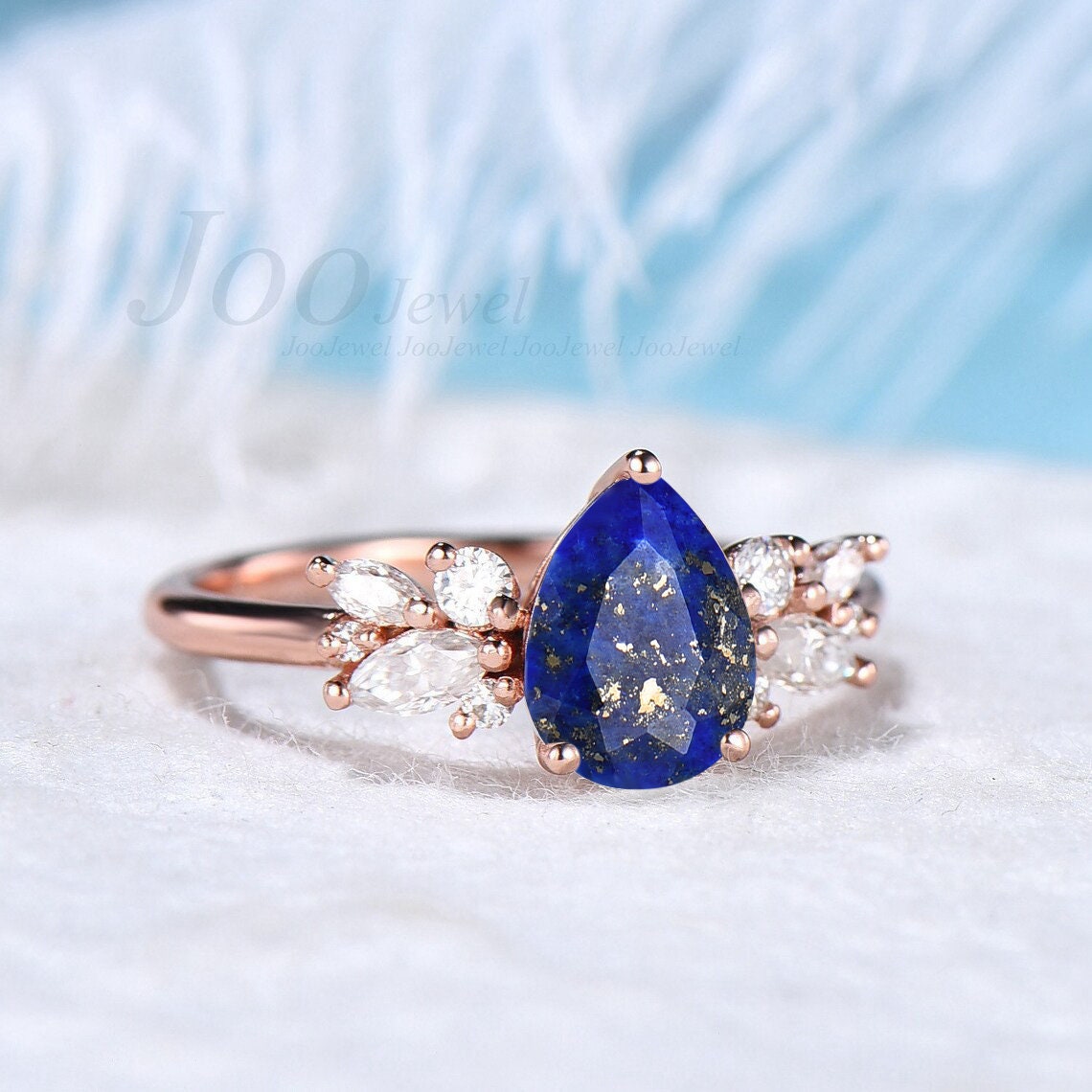 Natural Pear Lapis Lazuli Engagement Ring Sterling Silver Vintage 1.25ct Antique Lapis Gold CZ Diamond Wedding Ring Unique Christmas Gifts