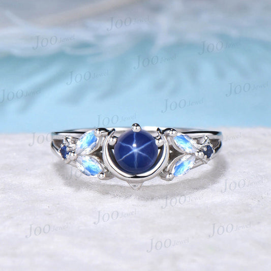 Unique Starry Sky Blue Star Sapphire Engagement Ring Star Moon Wedding Rings Platinum Moonstone Celestial Rings Half Moon Blue Sapphire Ring