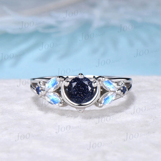 Unique Moon Star Engagement Rings Starry Sky Blue Sandstone Ring Sterling Silver Moonstone Celestial Wedding Rings Half Moon Sapphire Ring