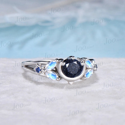 Unique Moon Star Engagement Rings Starry Sky Blue Sandstone Ring Sterling Silver Moonstone Celestial Wedding Rings Half Moon Sapphire Ring