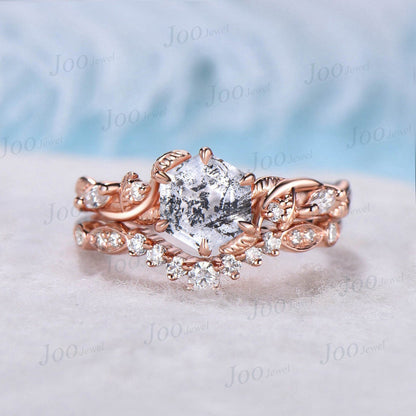 Nature Inspired Natural Herkimer Diamond Engagement Ring Set 10K Rose Gold 1ct Hexagon Herkimer Diamond Moissanite Twig Vine Leaf Bridal Set